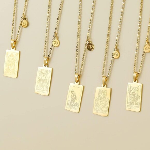 14k Gold Plated Zodiac Sign with Tarot Card Pendant Necklace Birthday Gift for W - Picture 4 of 4